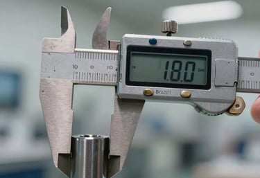 Close-up of a digital caliper measuring the diameter of a steel part, bokeh background of a clean industrial plant in Brazil, tones of off-white and steel gray.