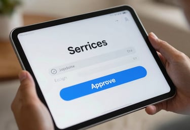 A close-up of a digital tablet showing a transparent service estimate with a medium blue 'Approve' button, held by a customer in a North American / US - Florida home.