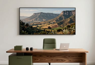 A minimalist office setting with a South African landscape print on the wall. The furniture is high-quality wood, and the palette is olive green and off-white. Professional and sophisticated.