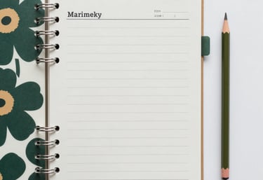 A top-down shot of a workspace featuring a Marimekko-patterned planner and an olive green pencil. Clean, minimalistic, and sophisticated.