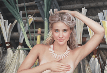 Oil painting of a blonde woman with a shell necklace posing in front of a rustic thatched background.