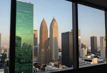 A panoramic view of a modern skyscraper skyline in a North American / Mexican metropolis through a clean glass window, representing international reach, tobacco and forest green reflections.