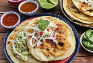 Close-up of a golden, handmade pupusa filled with melted cheese and served with curtido and salsa on a rustic plate.