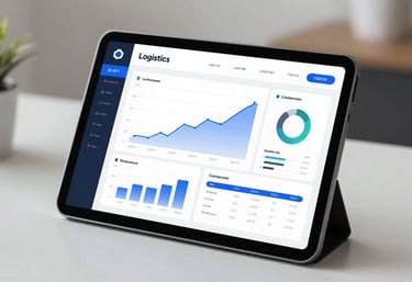 A high-resolution shot of a tablet screen displaying a sophisticated logistics dashboard with real-time graphs and tracking data. The surrounding environment is a clean, professional desk. Tones are #2E5F7B and #F5F8FA.