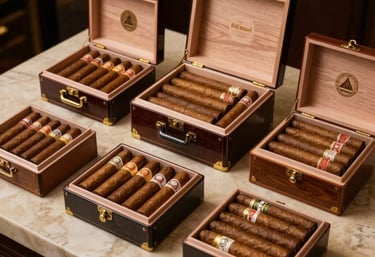 A neatly organized display of luxury cigar accessories and humidors on a beige marble surface, elegant lighting.