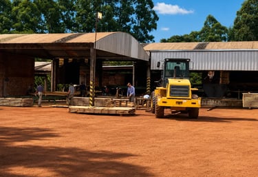 Workers at a lumber mill yard processing wood planks near a yellow front loader tractor.