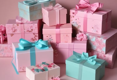 A delicately wrapped gift box adorned with a soft blush ribbon and antique gold accents, resting on an ivory lace cloth.