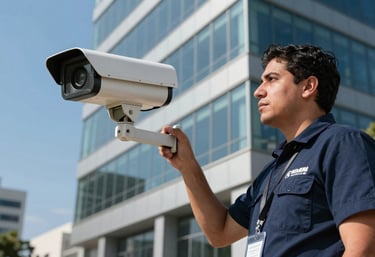 Security camera installation on a modern office building, bright sky blue sky in the background, professional technician in a Latin American / Hispanic city setting.