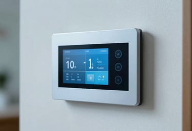 Close-up of a modern smart home control panel mounted on a clean wall in a Middle Eastern / Turkish apartment, pale ice blue tones.