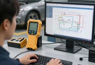 Technician remotely diagnosing a car's electrical system using a laptop and scanner.