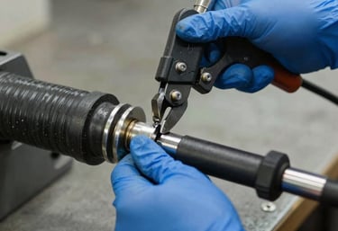 A close-up of a technician's hands in blue gloves using a crimping machine to secure a steel fitting to a thick black industrial hose. Sharp focus, professional workshop environment.