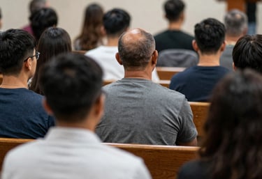 A joyful congregation worshipping together in a bright church hall.
