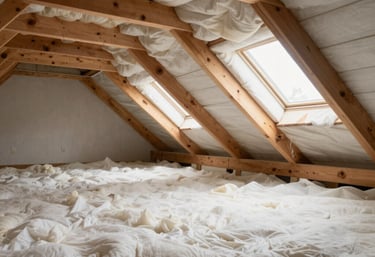 A wide shot of a professionally cleaned and sanitized attic in a Florida home, with bright white insulation and clean wooden beams, showing successful remediation.