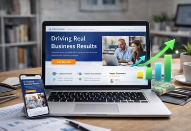 Modern professional business website displayed on laptop showing lead generation system, conversion