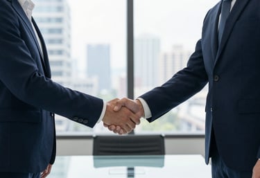A high-end lifestyle photograph of two people in formal business attire shaking hands across a glass boardroom table. The composition is focused on the professional gesture, with a bright, airy North American city office in the background. Colors feature deep navy and white.