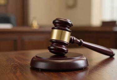 A close-up, high-detail photograph of a wooden judge's gavel on its sound block, positioned on a polished dark wood table. The background is softly blurred, showing the warm, golden light of a North American courtroom. Professional and authoritative atmosphere.