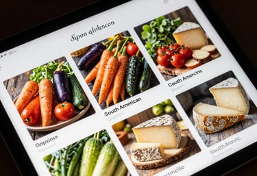 A vibrant Instagram feed layout displayed on a tablet screen, featuring professional photos of South American organic vegetables and artisanal cheeses. Elegant typography and clean design.