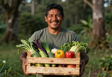 A South American farmer smiling while holding a wooden crate of fresh produce during a professional photoshoot. Matte forest green and warm sunlight tones. Authentic and high-quality photography.