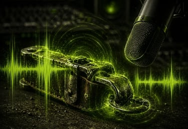 Professionelles Studiomikrofon mit leuchtend grünen Audio-Schallwellen und einem metallischen Ketten