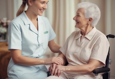 A cozy, well-organized living room with an elderly person comfortably seated, showcasing a safe home care environment.