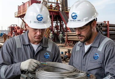 Two engineers wearing GIO TECH-INN hard hats inspect industrial metal braided cable at an oil drilling site.