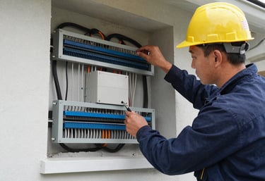 Photo of a construction site with workers installing internet network cables and electrical wiring.
