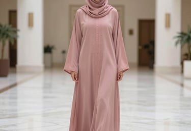 Full-length photography of an elegant abaya in dusty rose, styled with a matching hijab. The subject is standing in a brightly lit, modern Middle Eastern interior with marble floors.