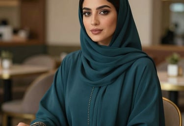 A woman wearing a dark teal abaya with subtle gold beadwork on the cuffs, sitting in a stylish Middle Eastern cafe setting. The lighting is soft and flattering.