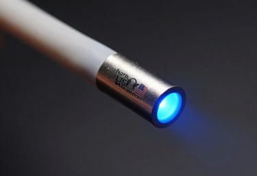 Detail photography of a fiber optic cable end glowing with blue light, sharp focus, clean dark background, symbol of high-speed innovation, North American / US.