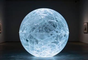 A minimalist art installation in a North American gallery, featuring a single glowing orb of ice blue light in a dark room, sophisticated and innovative.