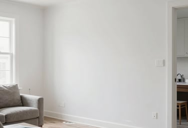 A bright, clean, and restored North American living room after mold remediation, featuring fresh white walls and professional painting in progress, symbolizing safety and health.