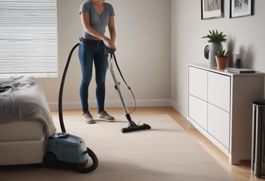 A professional cleaner carefully dusting a modern living room with black and gold accents.