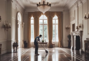 A professional cleaner carefully dusting a modern living room with black and gold accents.