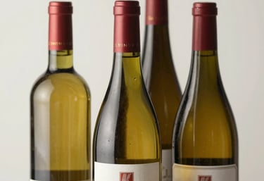 A close-up, high-detail photograph of three different wine bottles arranged artfully against a soft off-white background, highlighting the diverse labels and bottle shapes in our collection.