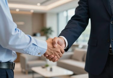 A professional handshake between two people in corporate attire, set against a blurred background of a modern South Asian business lounge. Tones of light blue and dark navy predominate.