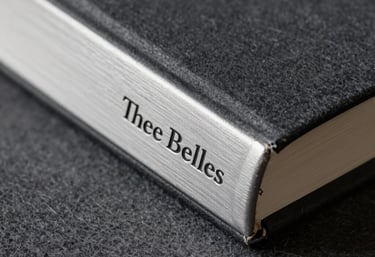 A close-up photograph of a silver-stamped book spine with the Three Belles logo, resting on a charcoal gray felt surface with moody shadows.