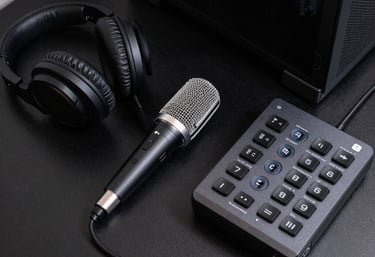 Overhead flat lay of PC peripherals including a microphone, headphones, and a stream deck on a clean black desk, North American / US office.