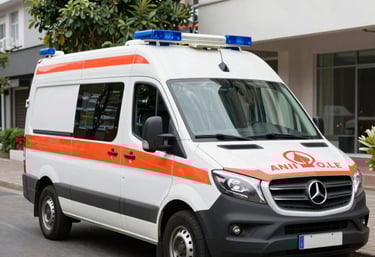 Showcase of hospital furniture and karoseri products arranged neatly in a showroom.