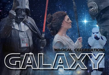Darth Vader, Rey, and Kylo Ren cosplayers pose against a starry space background for a Star Wars themed event.