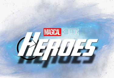 Magical Celebrations Heroes logo featuring bold white typography over a blue and white cosmic nebula background.