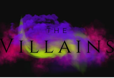 The Villains title text over vibrant purple, pink, and green smoke clouds on a black background.