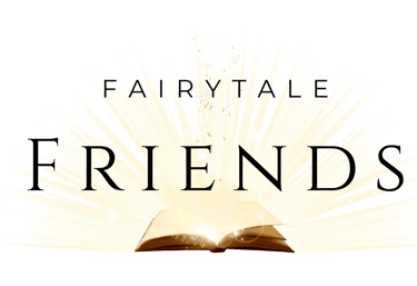 Magical glowing open book with sparkling light rays and the word friends on a black background.