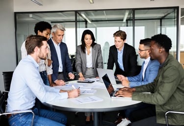 Diverse corporate team collaborating on business strategy around a conference table in a modern office.