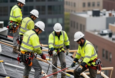 A group of professional roofers in high-visibility safety gear and white hardhats working on a massive structural roof replacement in North American / NYC.