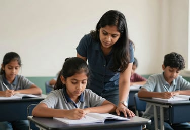 A South Asian teacher mentoring a student in a bright classroom with off-white walls and dark navy seating, emphasizing focus and trust.