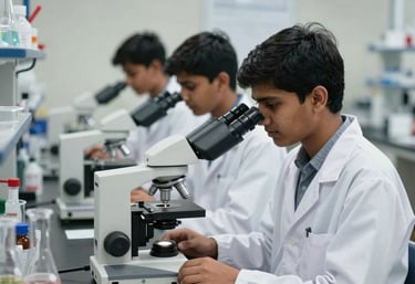 South Asian students in a high-tech science laboratory using modern microscopes and chemistry equipment, wearing white lab coats, academic setting.