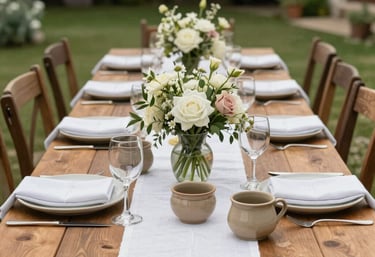 A beautifully set long wooden dining table for a private event, Western European garden setting, white linen napkins, tan ceramics, elegant floral arrangements.