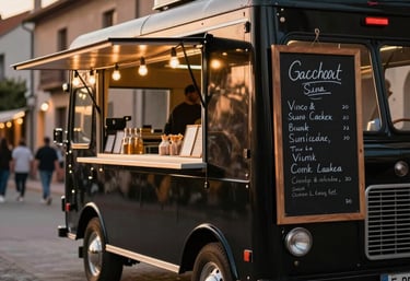 A stylish black food truck parked in a charming Western European street at sunset, warm string lights hanging, people blurred in the background, focus on the chalkboard menu.