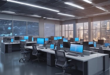 Technician working on multiple computer screens displaying network monitoring dashboards.