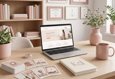 Laptop en un escritorio con cartas de tarot y pagina web de bienestar